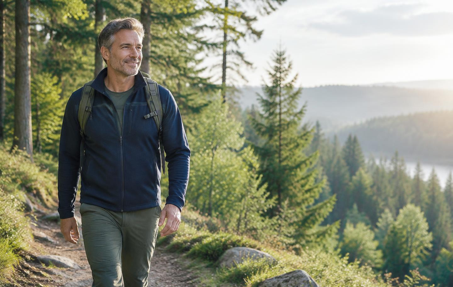 Aktiver Mann auf einem Waldweg als Symbol für einen gesunden Alltag