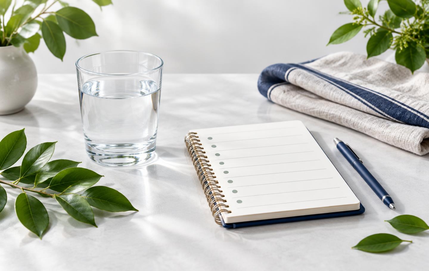 Glas Wasser und Notizbuch als Symbol für eine bewusste tägliche Routine